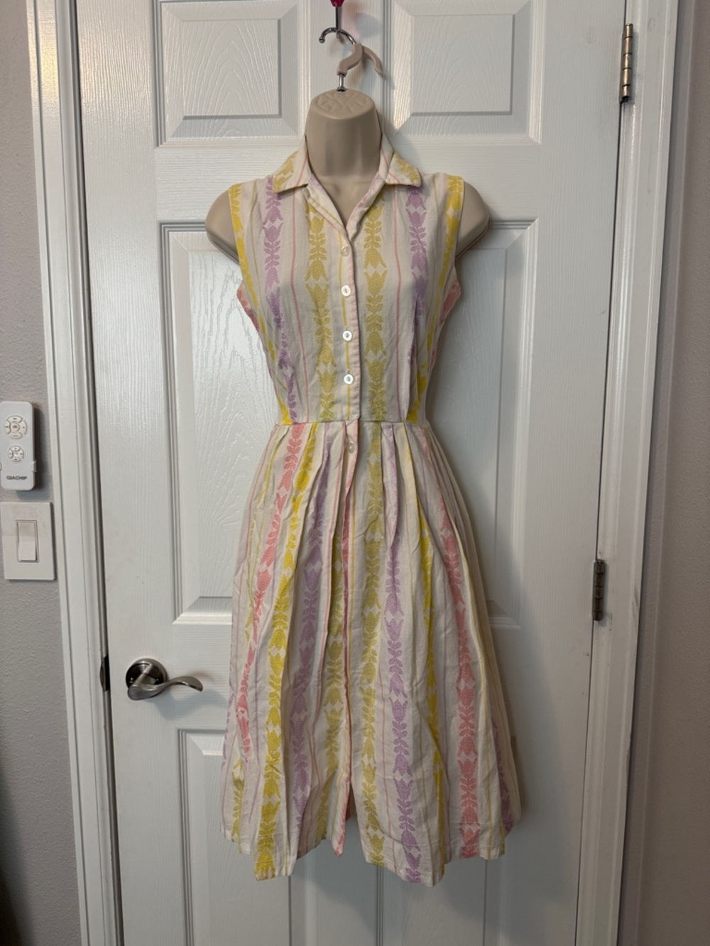 Vintage cotton Sleeveless Striped Pastel Shirt Dress - Pink, Yellow & Lavender!